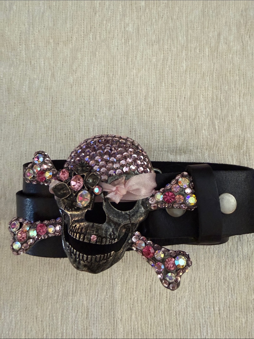 Skull & Crossbones Pink Crystal Leather Belt Buckle